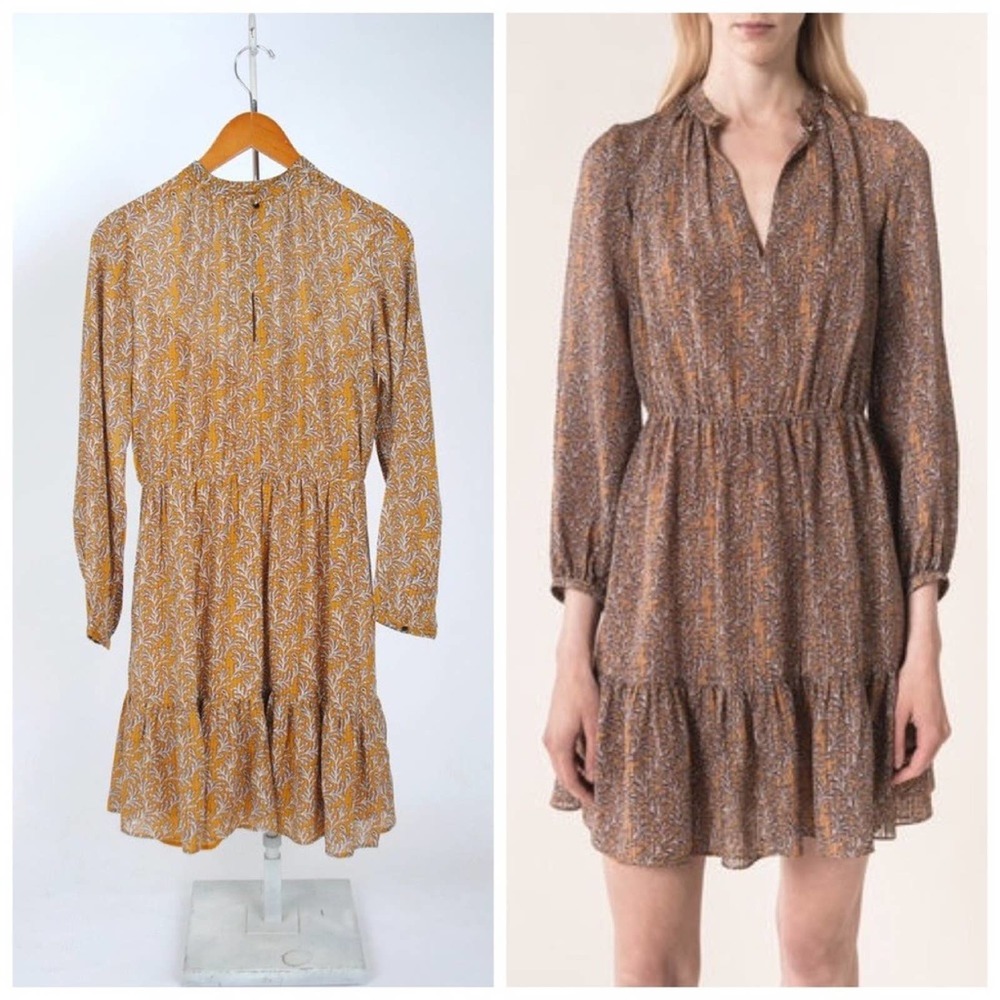 Vanessa Bruno Manuela Tiered Long Sleeve Botanical Leaf Mini Dress Amber Gold